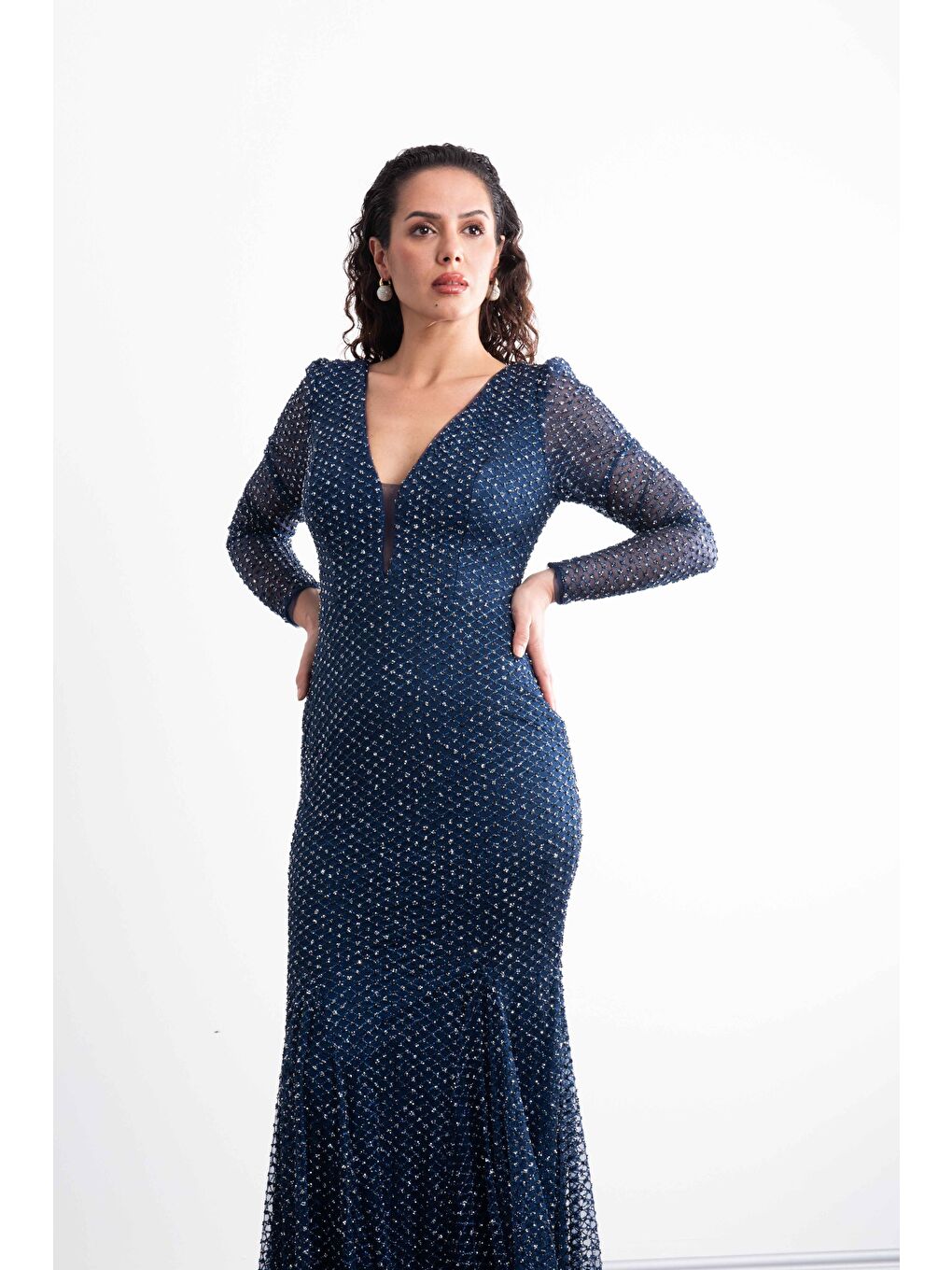 Lacivert Transparan Kollu,V Yaka,Taş Baskılı, Balık Model, Kuyruklu ,Şık Abiye-6