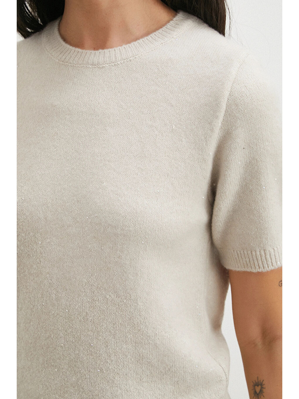 Simli Kısa Kol Kazak Bej-4