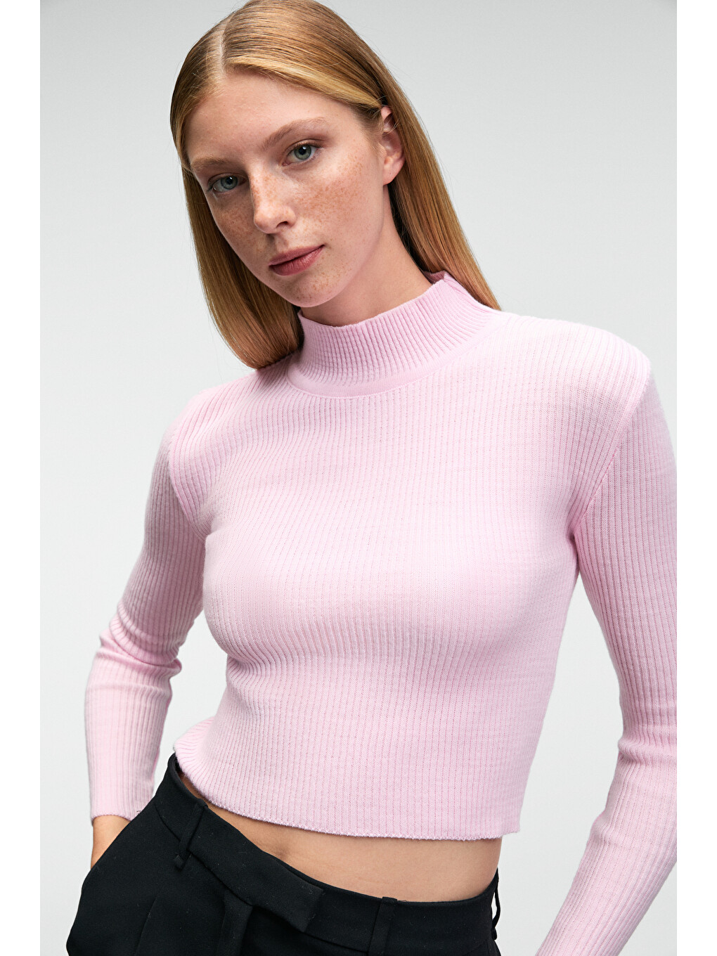 Calıda Kadın Dik Yaka Fitilli Görünümlü Slim Fit Triko Pembe Kazak-2