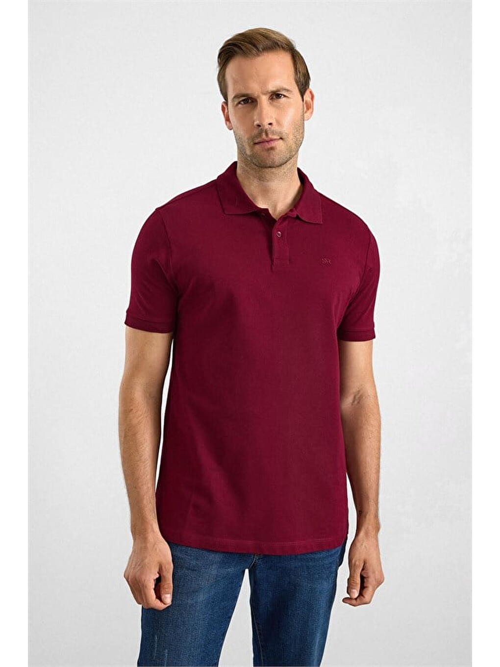 Koyu Bordo Slim Düz Nakışlı Pike Düğmeli Polo Yaka Tişört