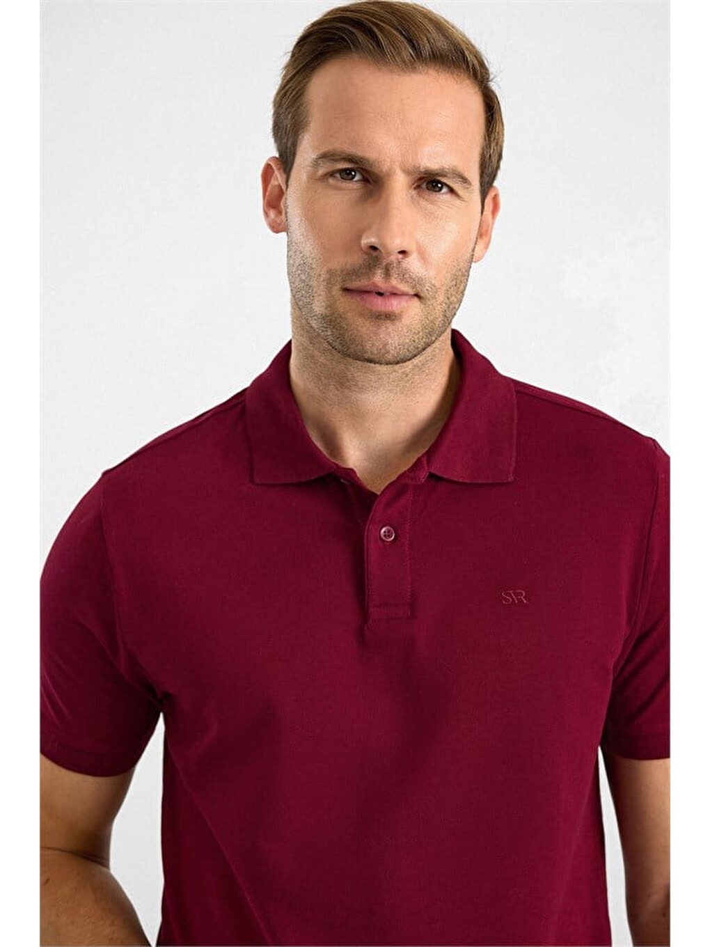 Koyu Bordo Slim Düz Nakışlı Pike Düğmeli Polo Yaka Tişört-1