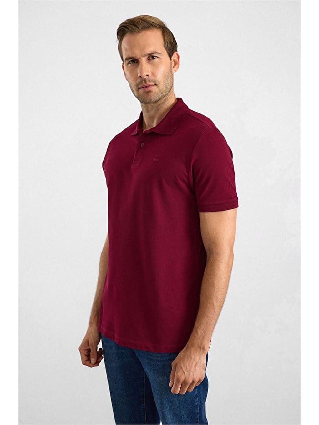 Koyu Bordo Slim Düz Nakışlı Pike Düğmeli Polo Yaka Tişört-2
