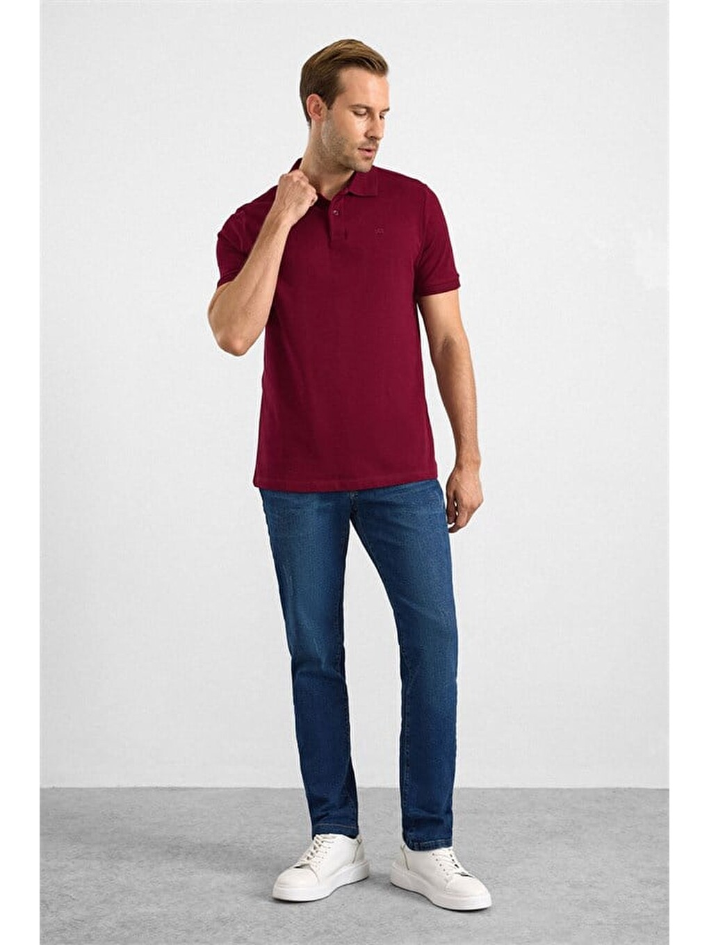 Koyu Bordo Slim Düz Nakışlı Pike Düğmeli Polo Yaka Tişört-3