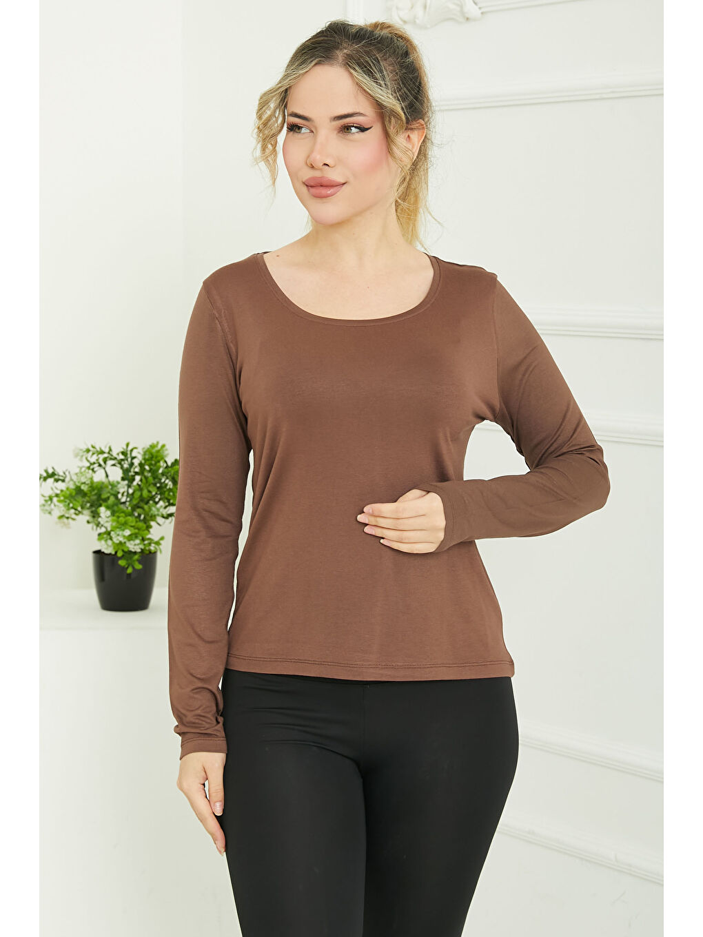 Kahverengi Kare Yaka Viskon Badi Kahve - 26824-1