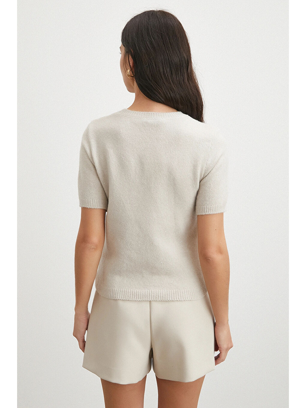 Simli Kısa Kol Kazak Bej-5