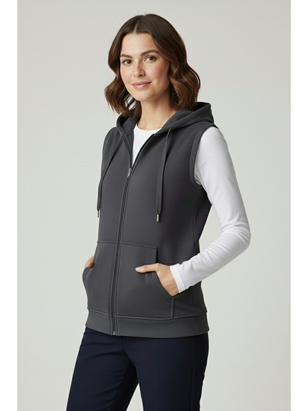 Antrasit Kadın Sıfır Kol Kapüşonlu Hırka ve Uzun Kollu Tişört Takımı-1