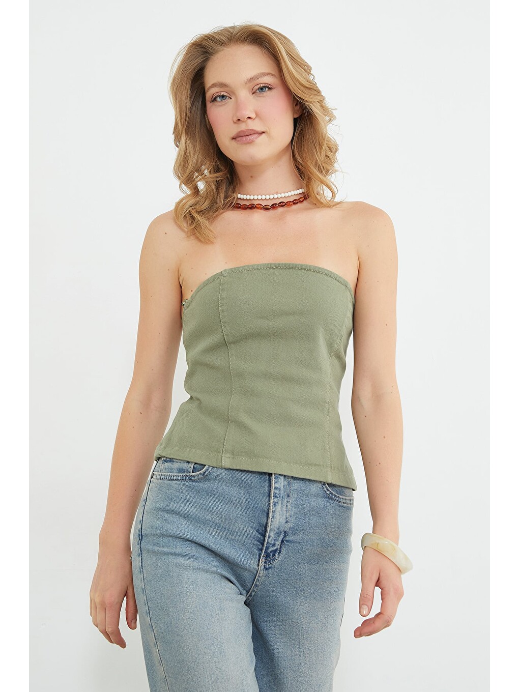 Haki Straplez Fermuarlı Peplum Bluz-2