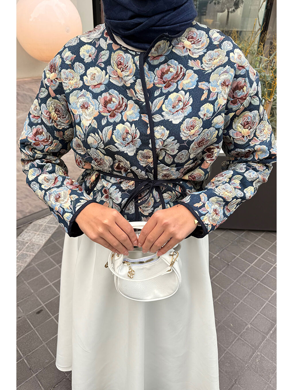 Kadın Gül Desen Ceket Mavi-4