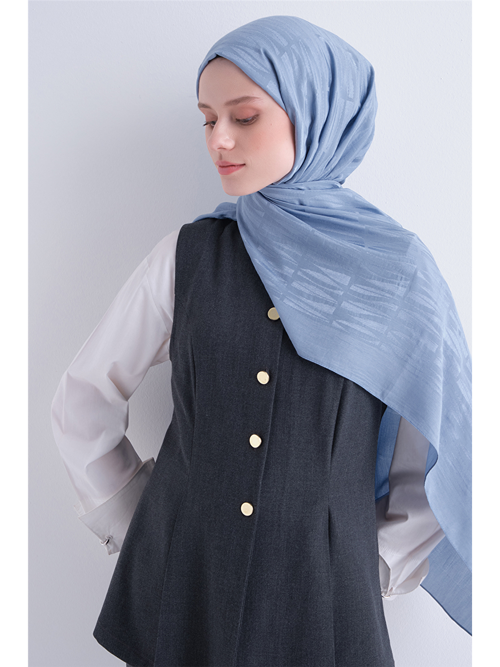 Mavi Lyocell Naia Çubuk Desen Şal 3 24-3