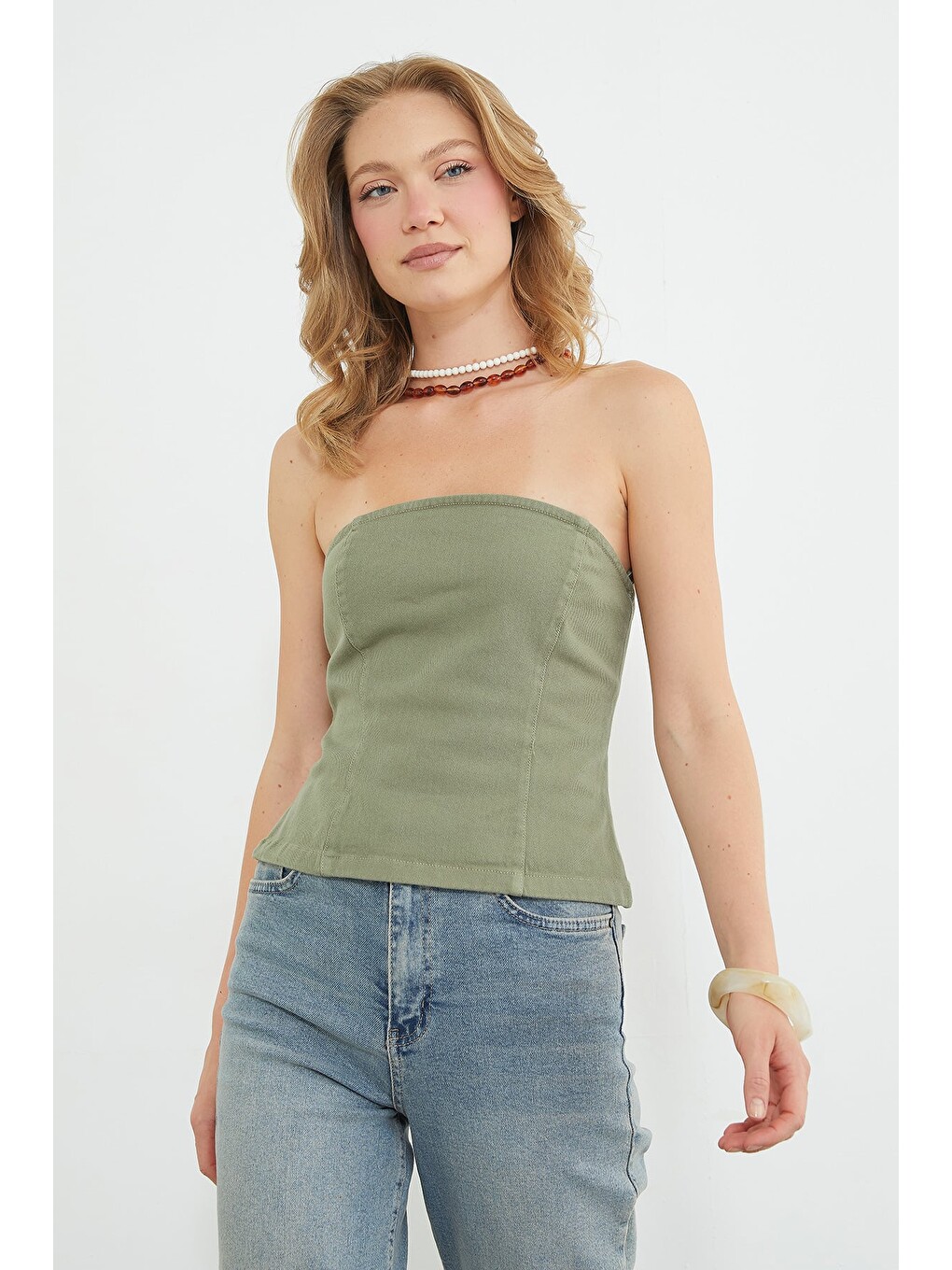 Haki Straplez Fermuarlı Peplum Bluz-3