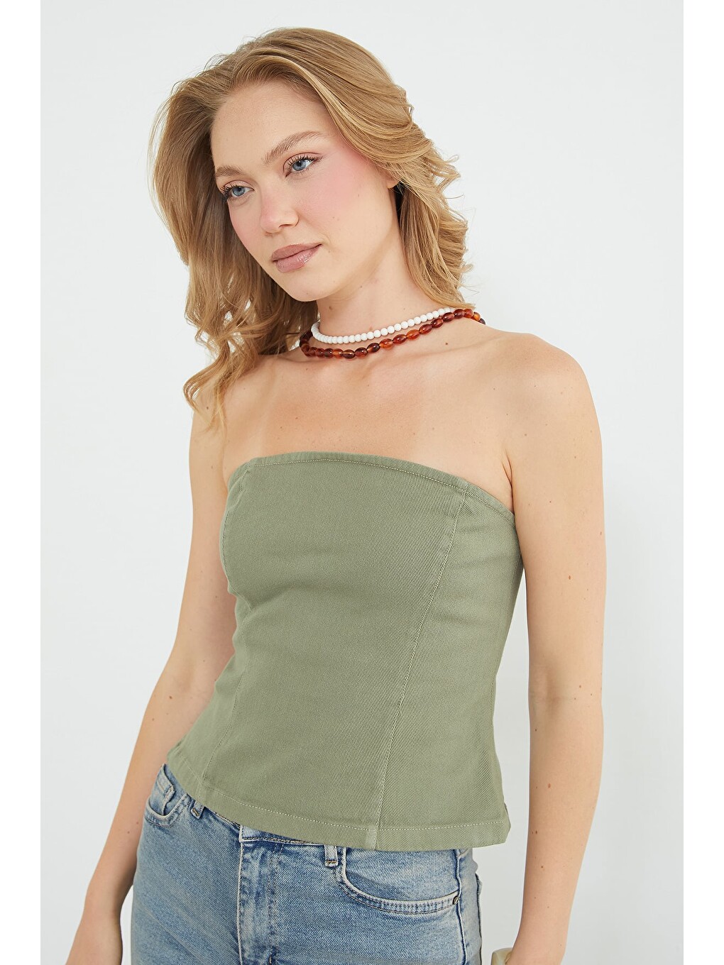 Haki Straplez Fermuarlı Peplum Bluz-4