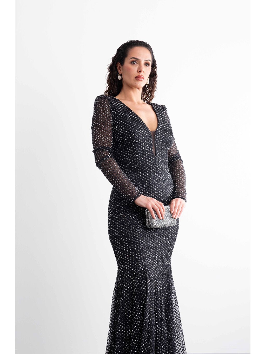 Siyah Transparan Kollu,V Yaka,Taş Baskılı, Balık Model, Kuyruklu ,Şık Abiye-5