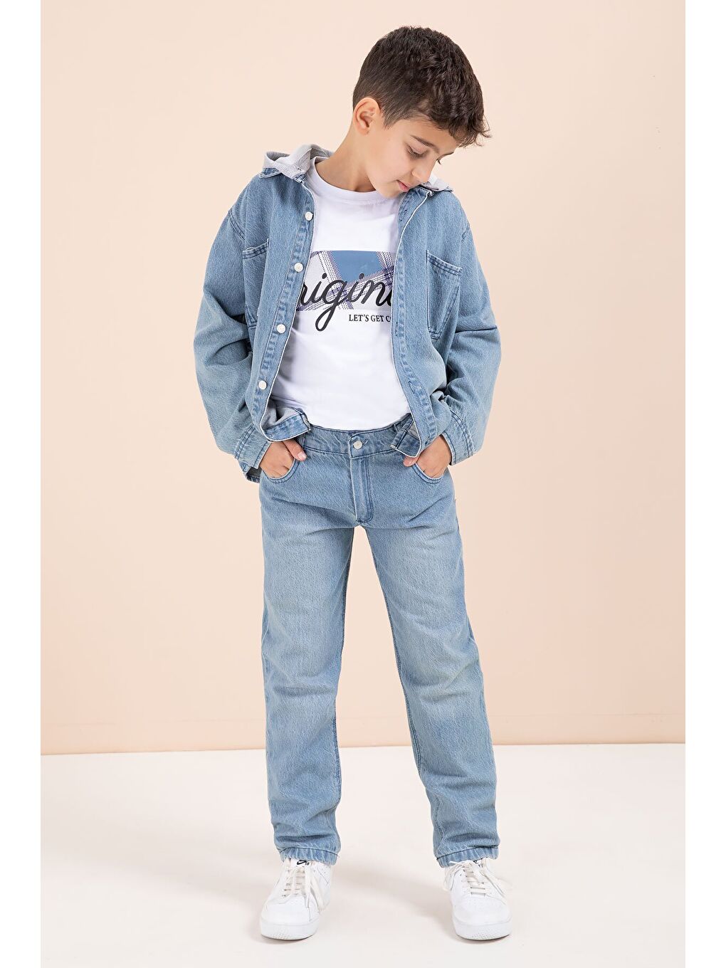Mavi Kapüşonlu Ceketli Pantolonlu Erkek Çocuk 3lü Jean Takım 23624-1