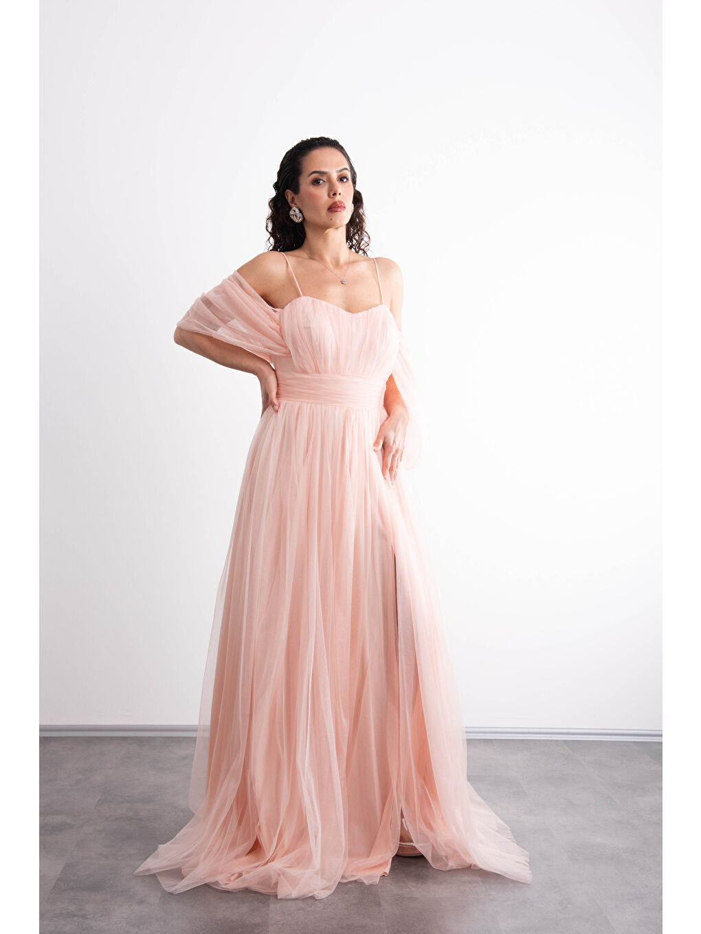 Pembe Spagetti Askılı,Romantik ,Önü Yırtmaçlı,Tüllü, Prenses Model Abiye-3