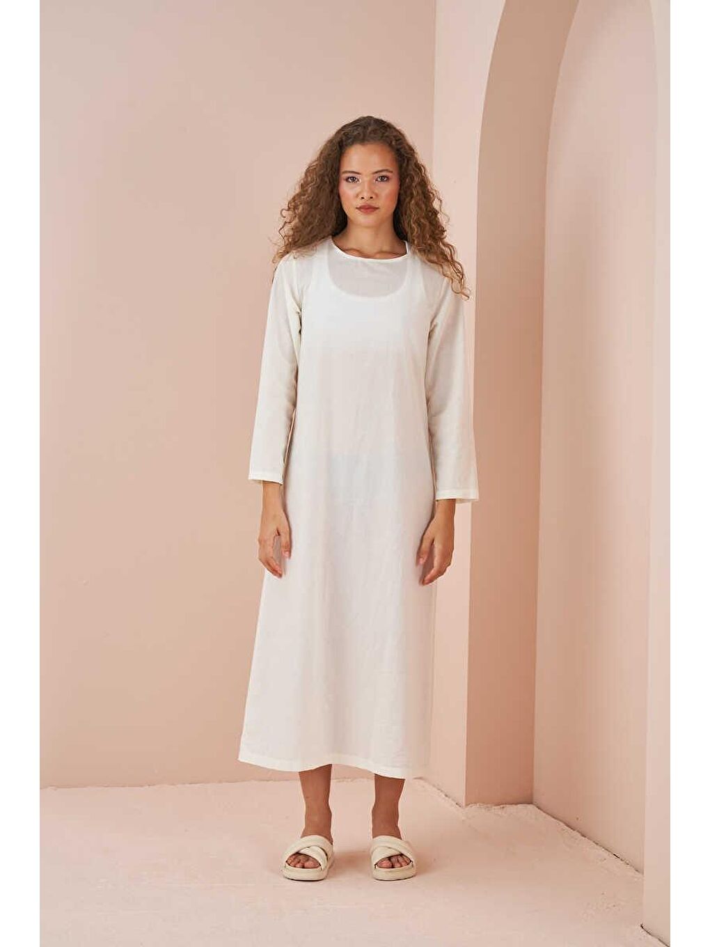 Uzun Kollu Pamuk Vual Astar Ekru-1