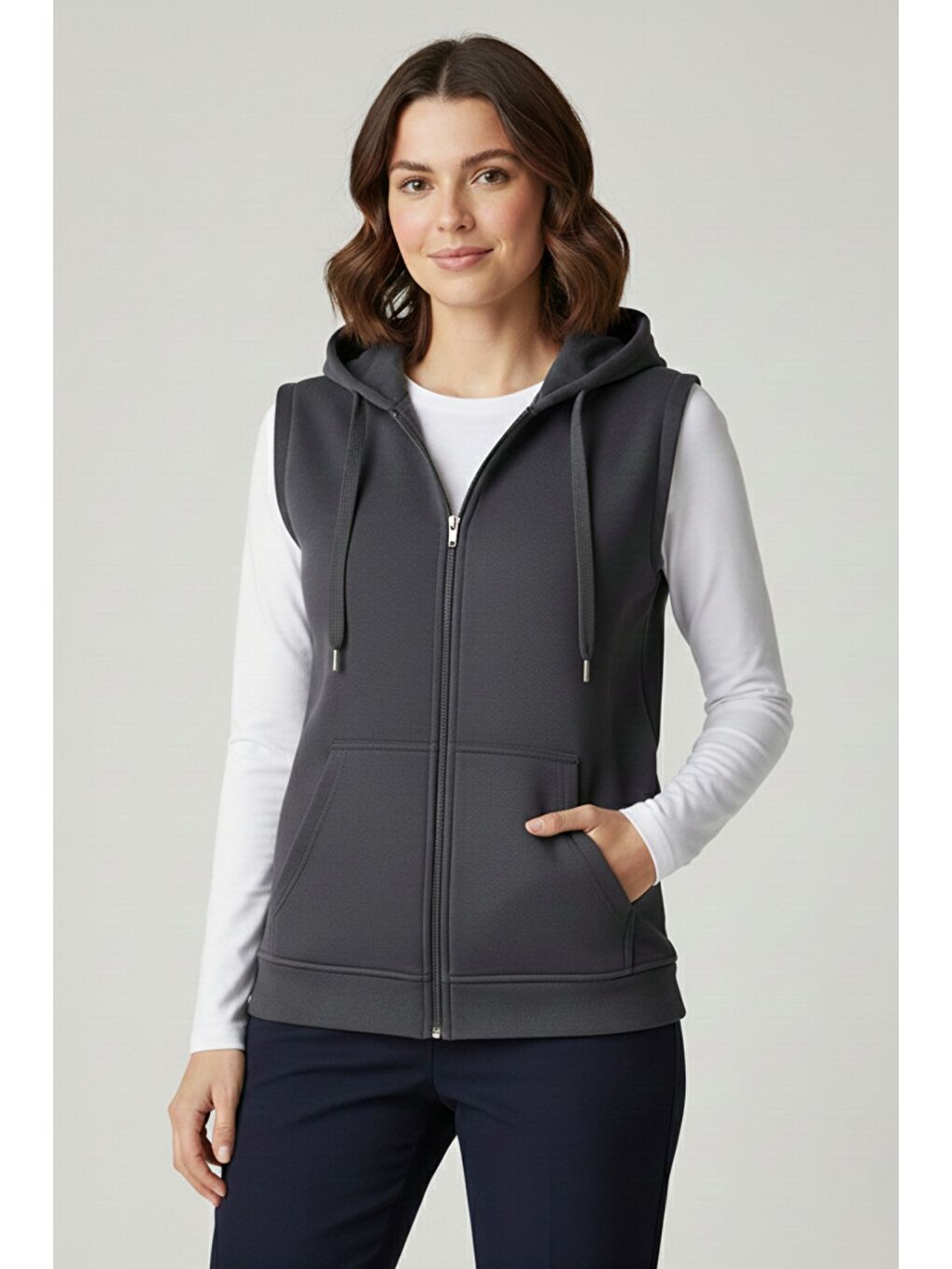 Antrasit Kadın Sıfır Kol Kapüşonlu Hırka ve Uzun Kollu Tişört Takımı-4