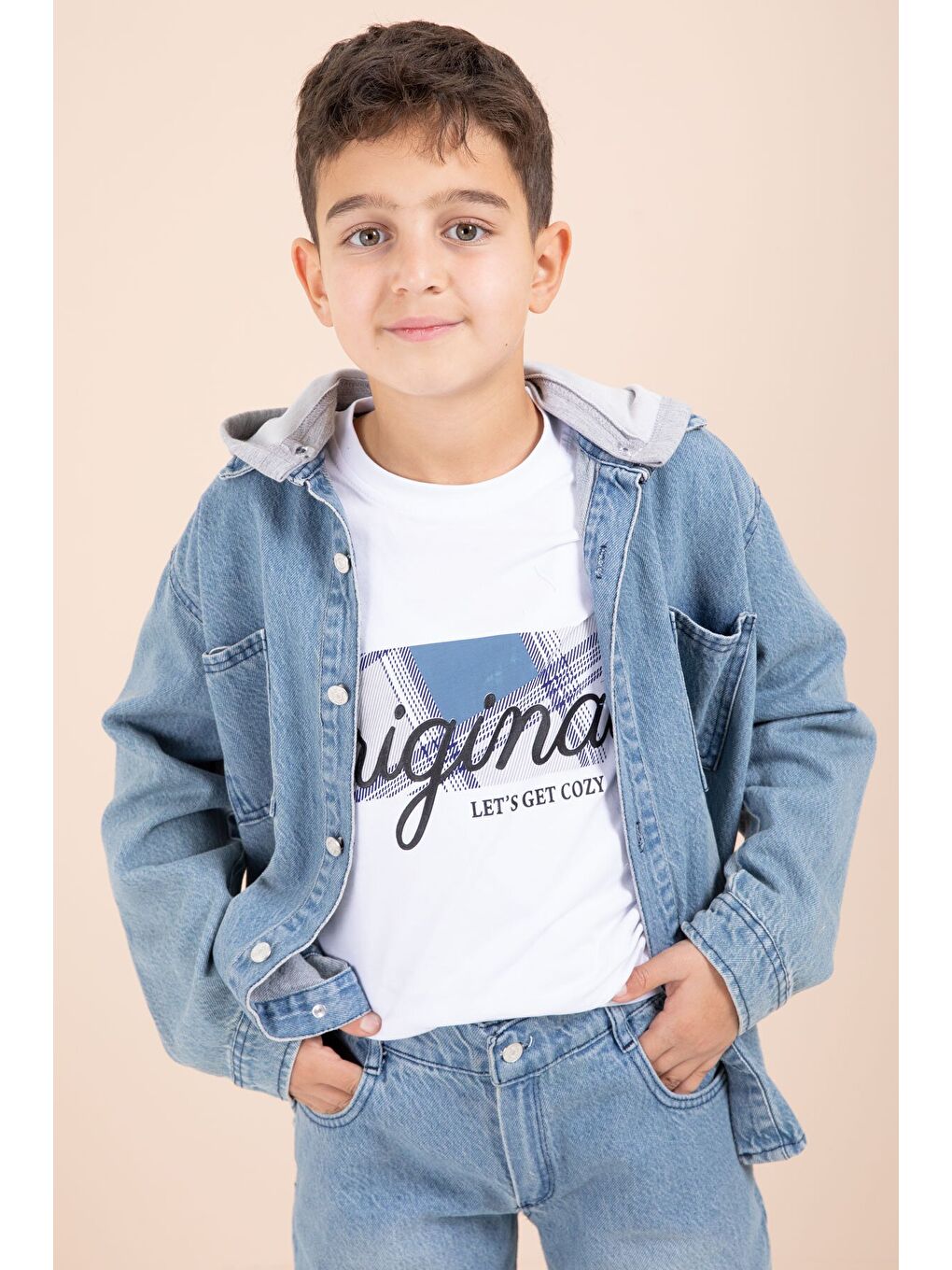 Mavi Kapüşonlu Ceketli Pantolonlu Erkek Çocuk 3lü Jean Takım 23624-2