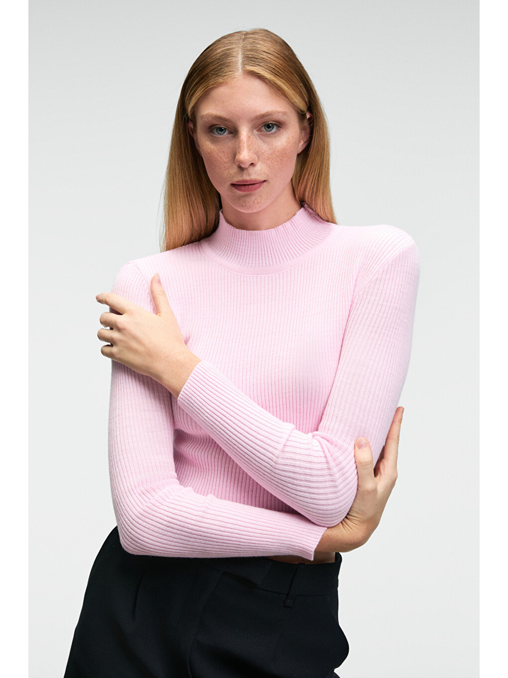 Calıda Kadın Dik Yaka Fitilli Görünümlü Slim Fit Triko Pembe Kazak-3