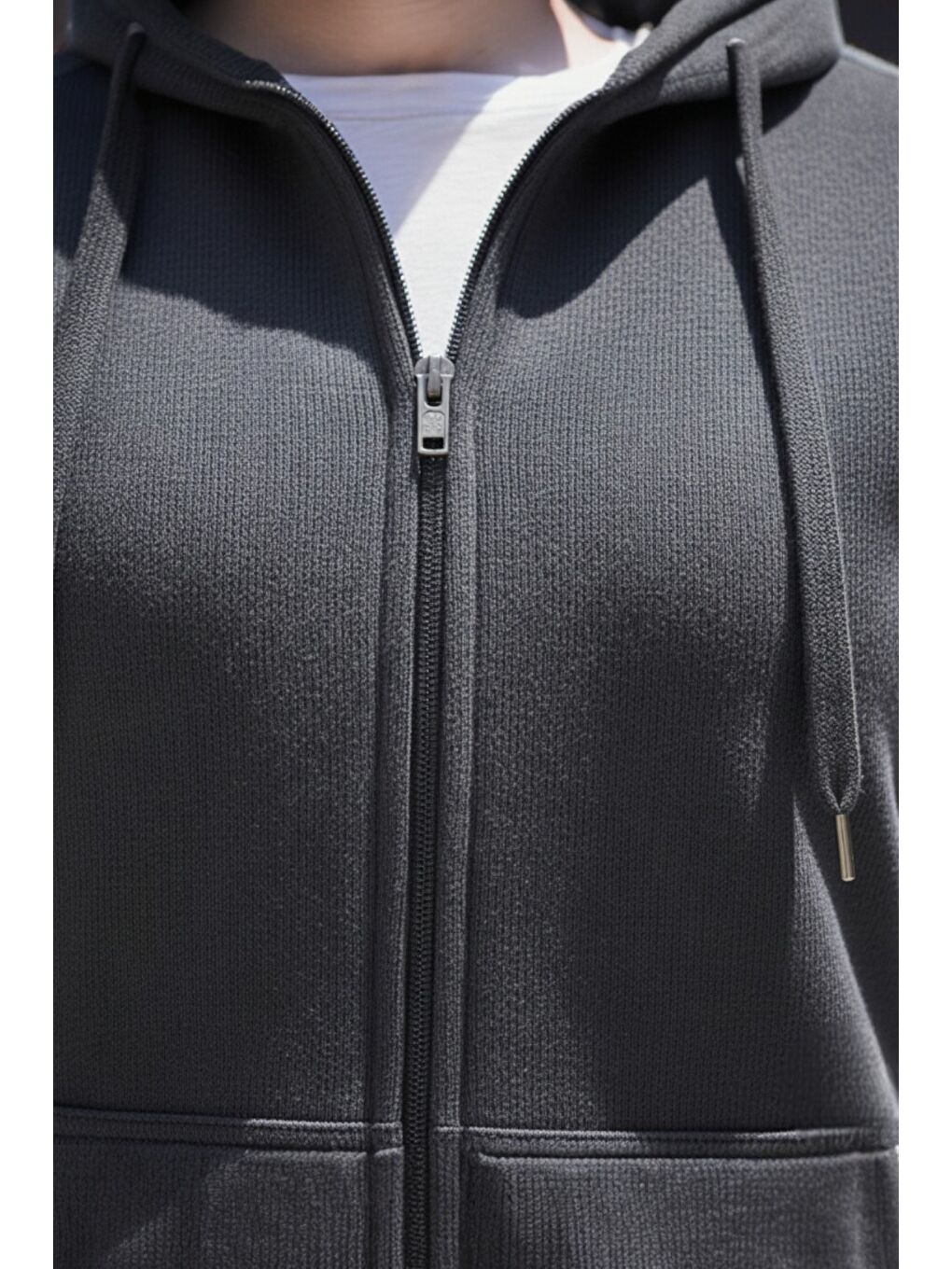 Antrasit Kadın Sıfır Kol Kapüşonlu Hırka ve Uzun Kollu Tişört Takımı-5