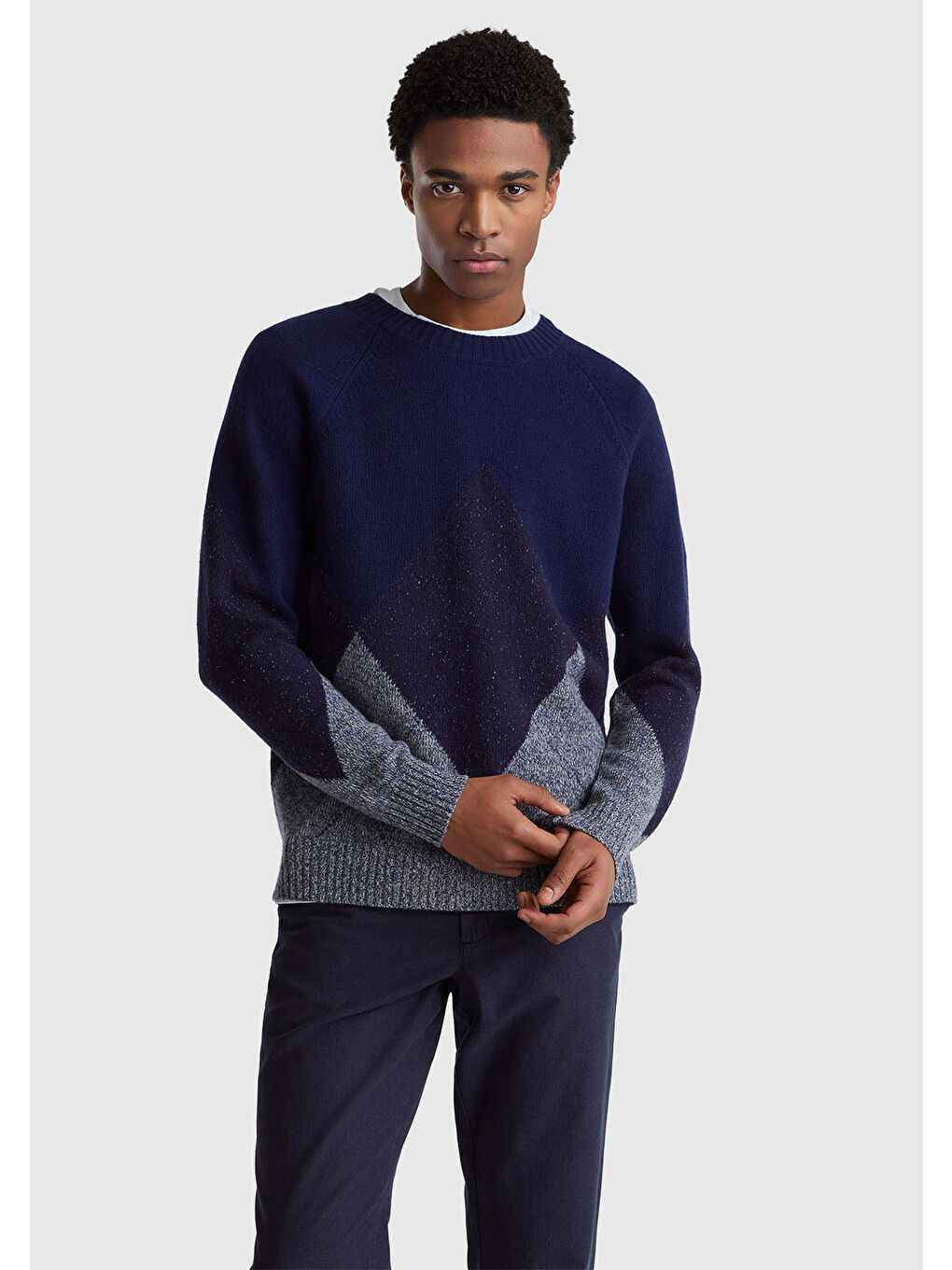 Erkek Lacivert Yün Karışımlı Baklava Desenli Ribana Detaylı Kazak