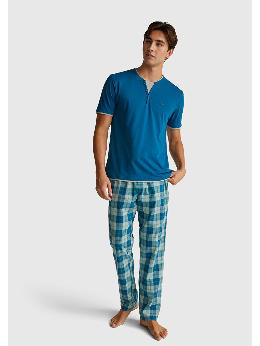 Erkek Mavi Kare Desenli Büzgü İpli Pijama Altı