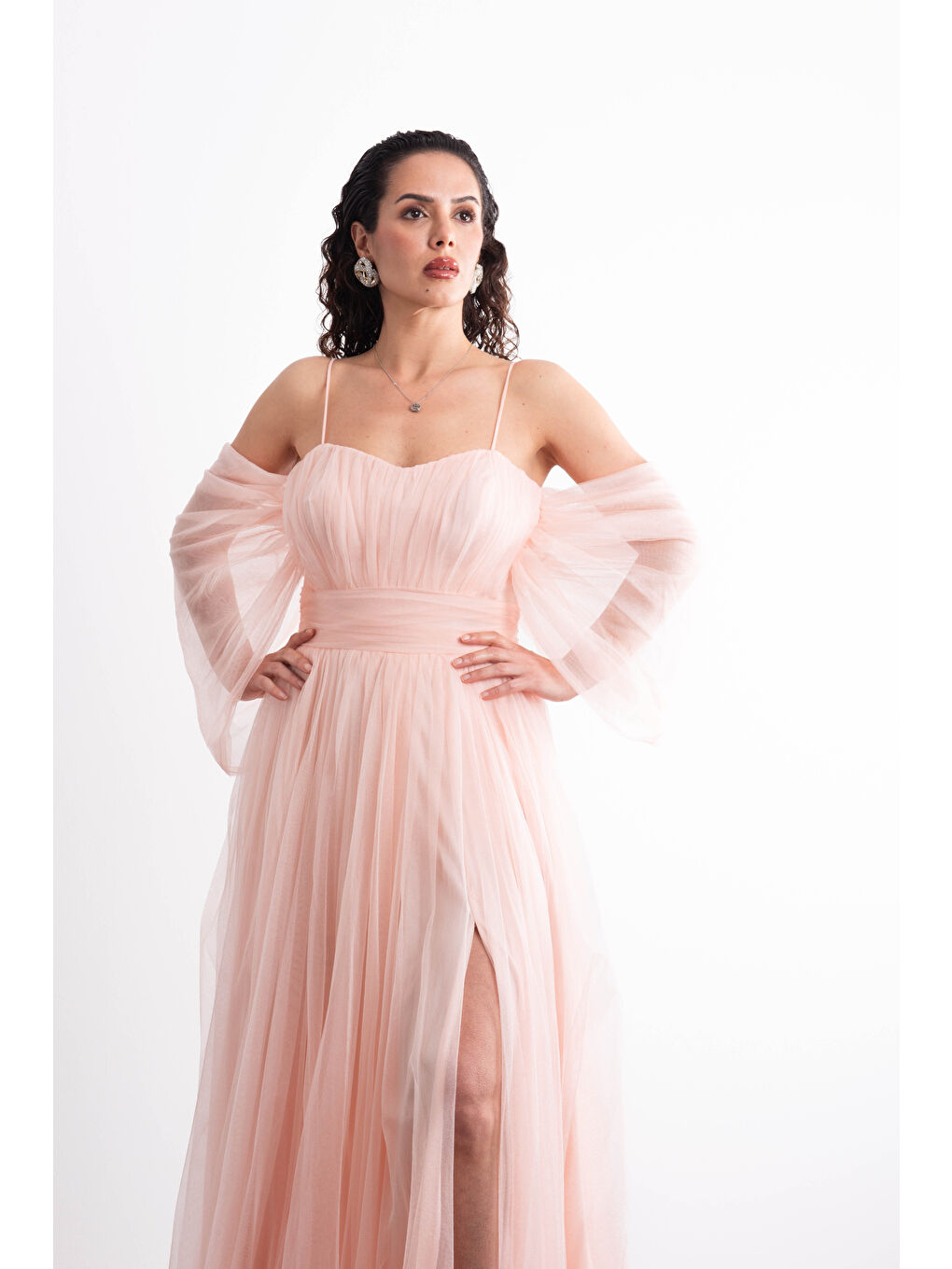 Pembe Spagetti Askılı,Romantik ,Önü Yırtmaçlı,Tüllü, Prenses Model Abiye-4