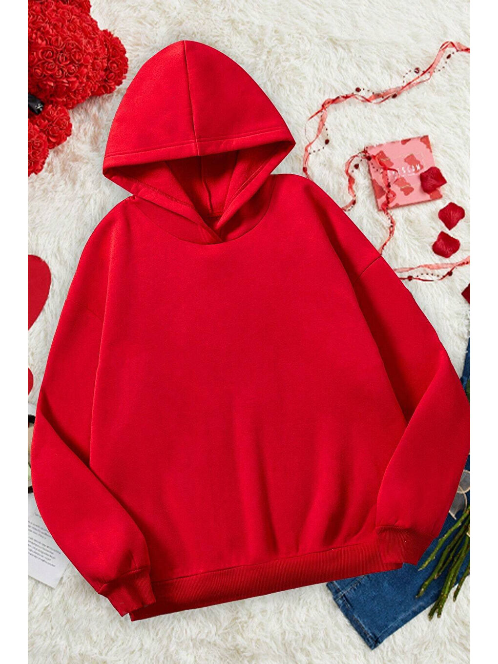 Kırmızı More Love Baskılı Pamuklu Oversize Sweatshirt-1