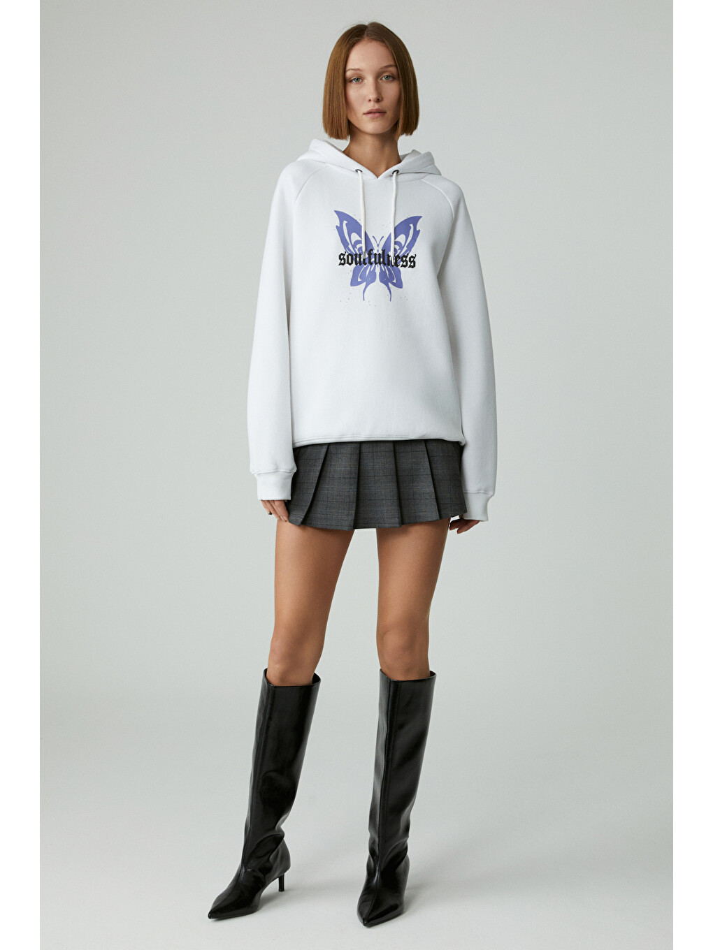 Lamarı Kadın Oversıze Şardonlu Kapüşonlu Beyaz Sweatshirt-1