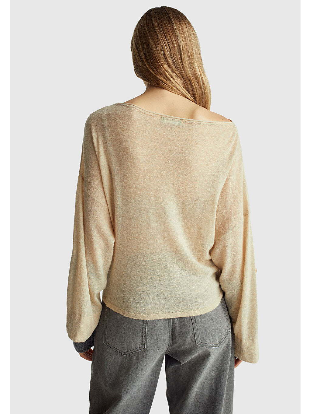 Kadın Ekru Alpaka ve Yün Karışımlı Düğme Detaylı Beli Bağlamalı Kazak-2