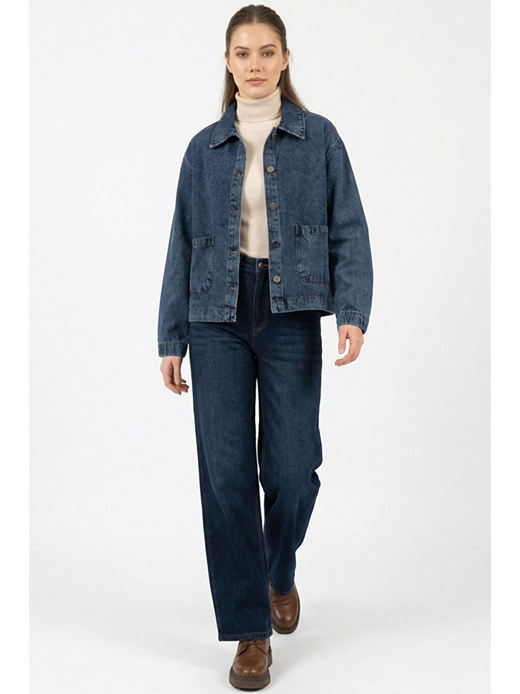 Kadın Çift Cepli Denim Ceket 0731 - Lacivert-1