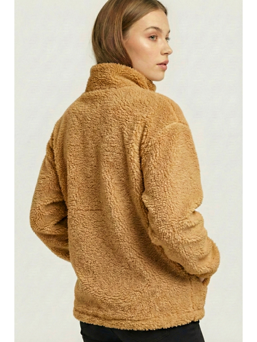 Bej Kadın Pelüş Tam Fermuarlı Cepli Sherpa Kuzu Kumaş Oversize Pelüş Polar Sweatshirt-3