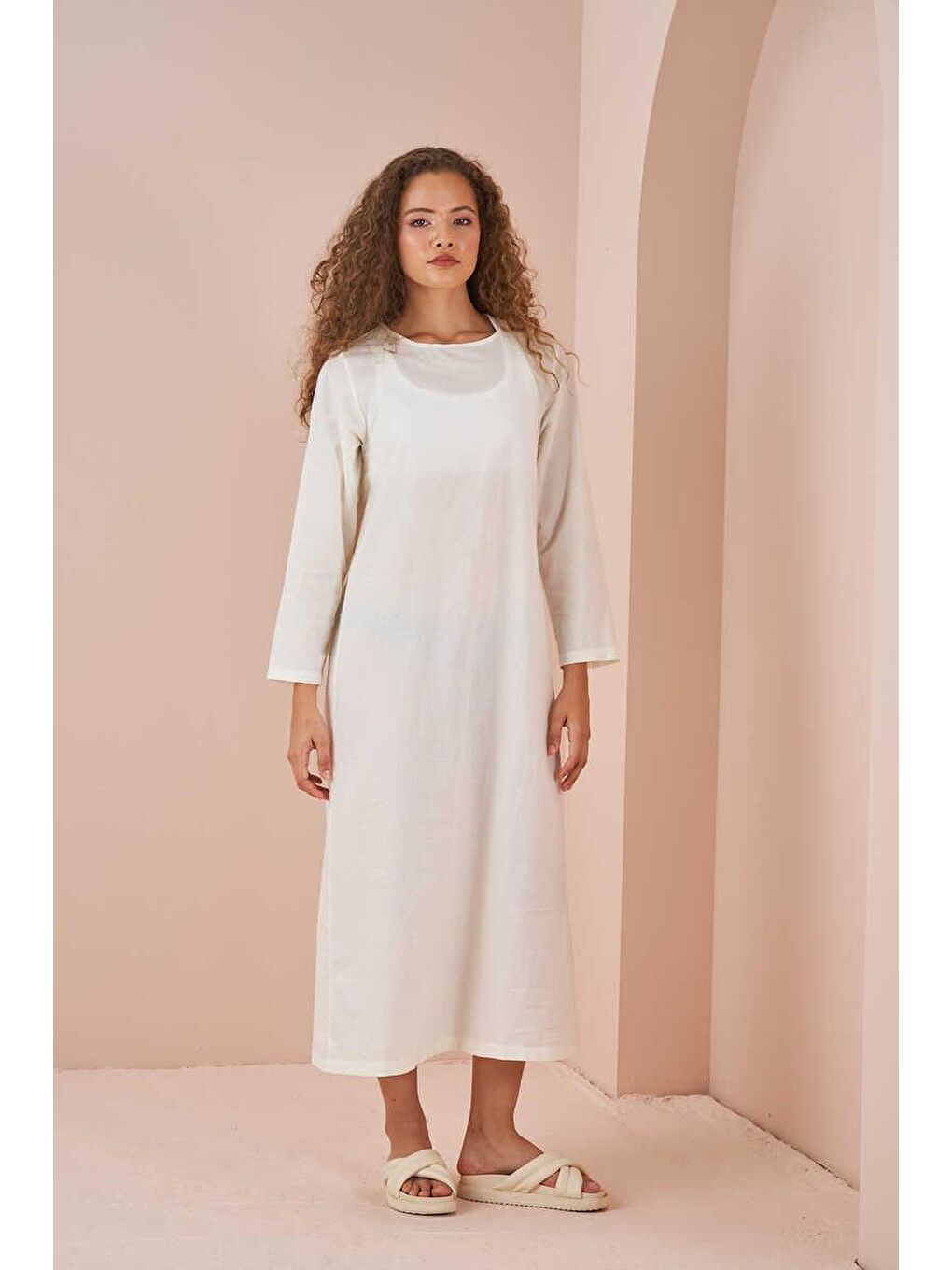 Uzun Kollu Pamuk Vual Astar Ekru-3