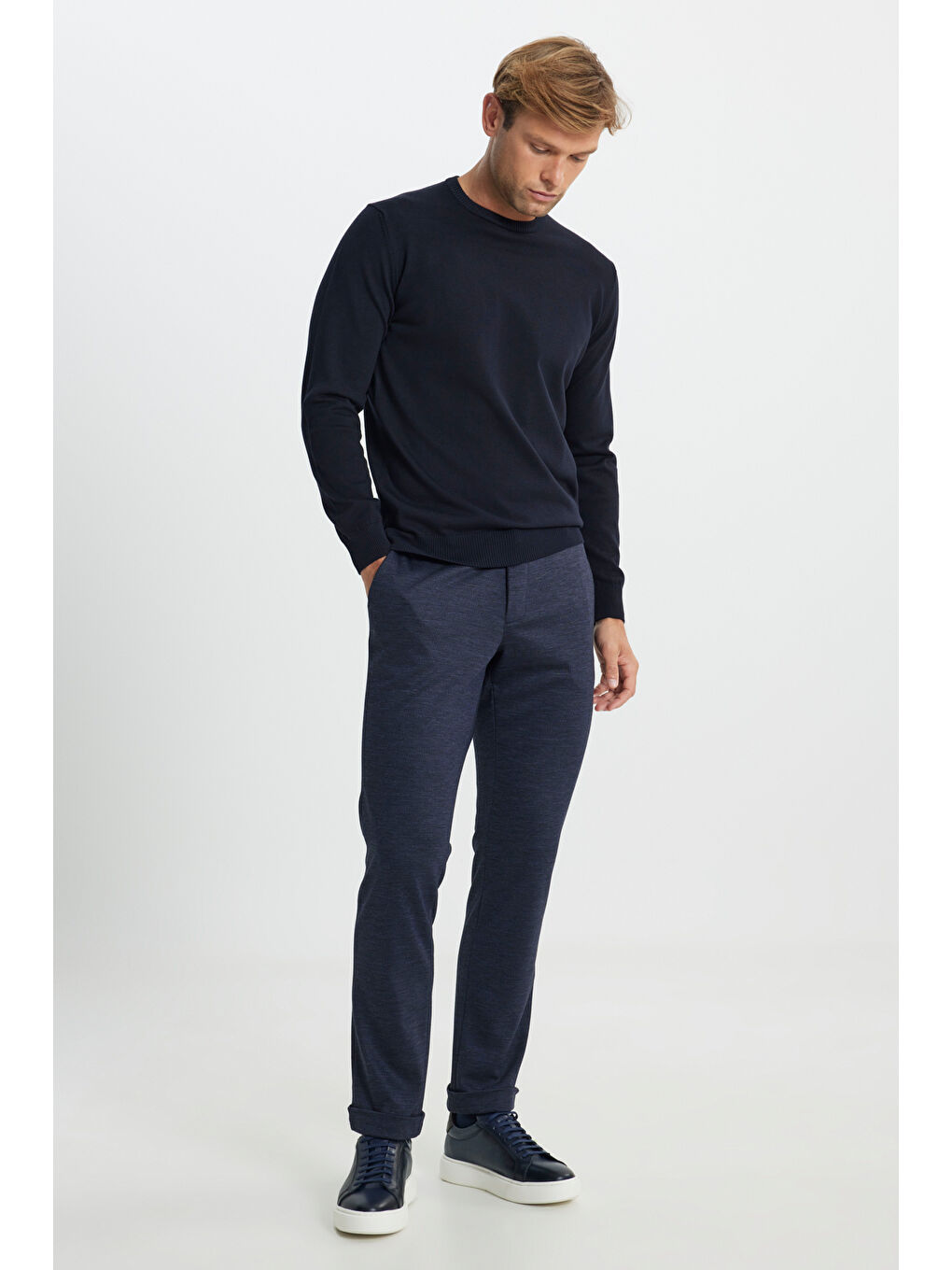 Erkek Lacivert Pamuklu Standart Fit Normal Kesim Bisiklet Yaka Triko Kazak-1