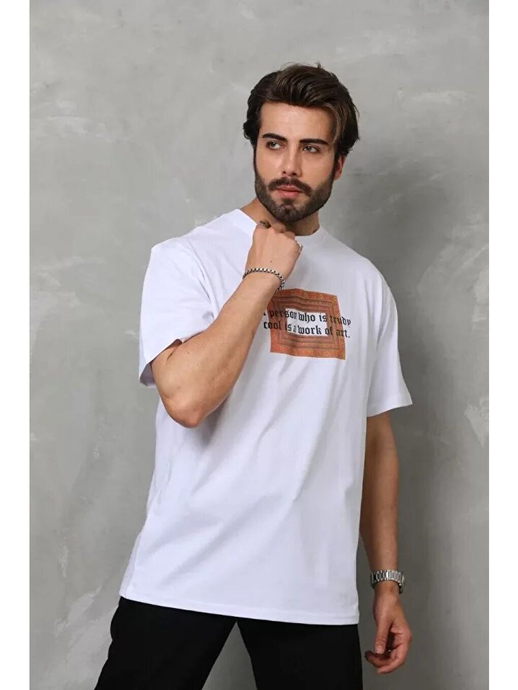 Unisex Bisiklet Yaka Baskılı Oversize T-Shirt - Beyaz-3