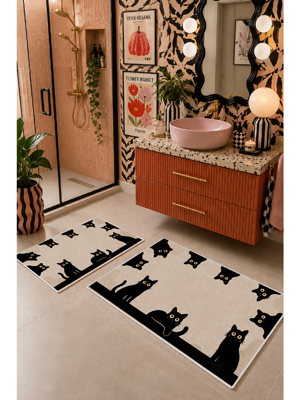 Bej Siyah Kedi Desenli Kaymaz Taban Banyo Paspası 2’li Set
