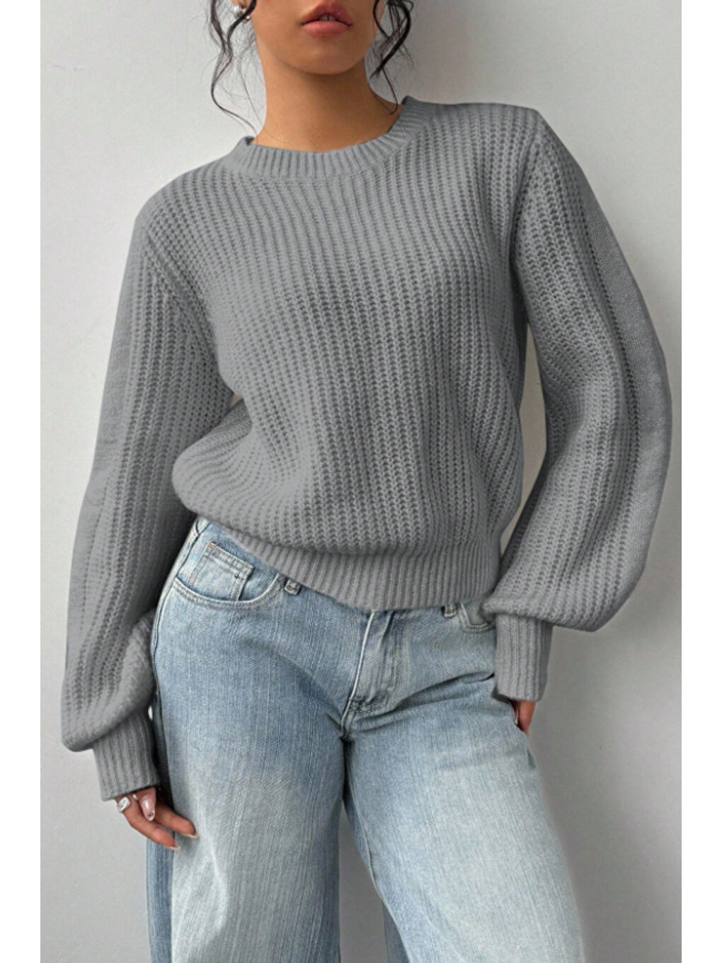 Kadın Gri Oversize Bisiklet Yaka Balon Kol Fitilli Triko Kazak