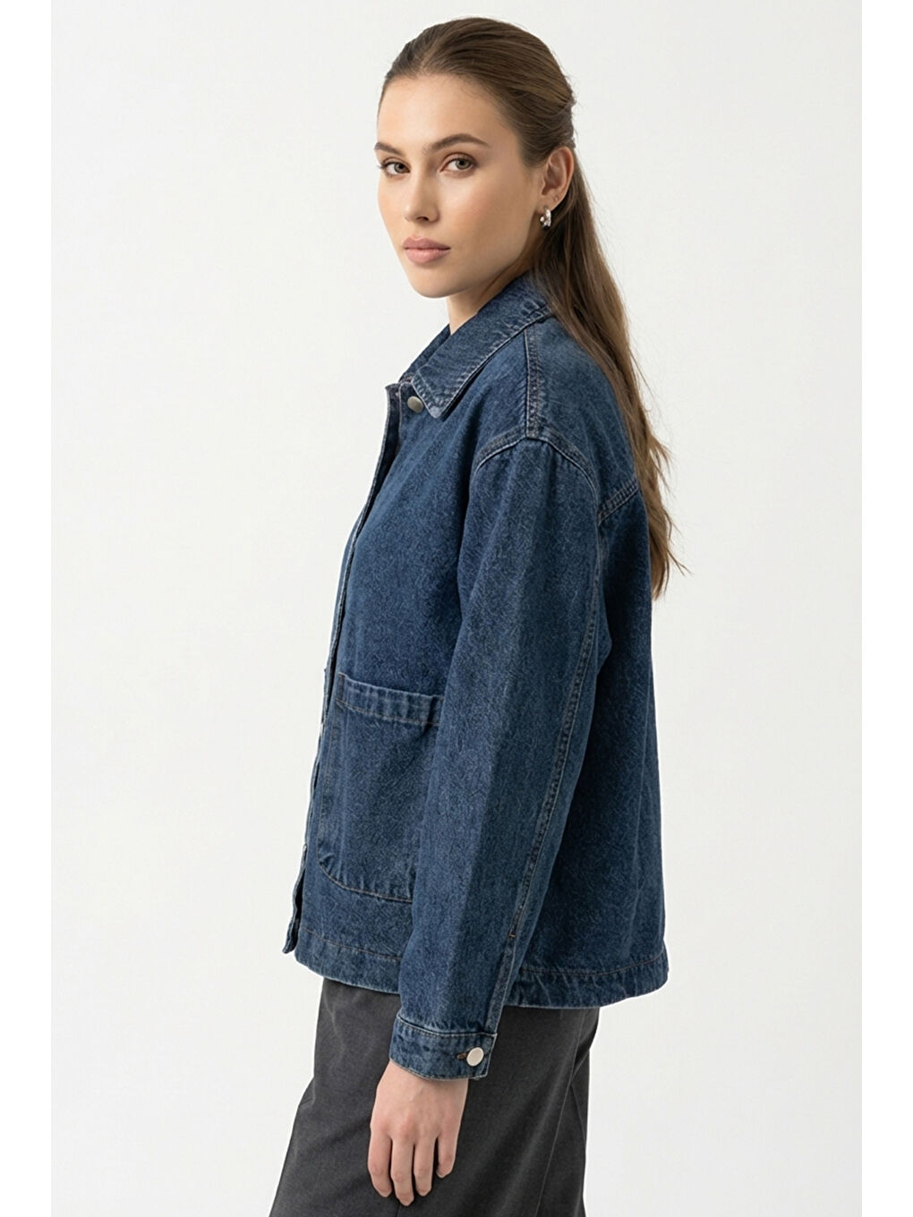 Kadın Çift Cepli Denim Ceket 0731 - Lacivert-2