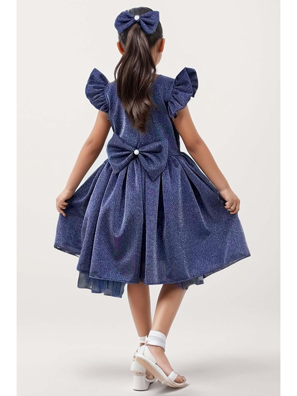 Kız Çocuk Parıldayan Gök Mavisi Elbise-1