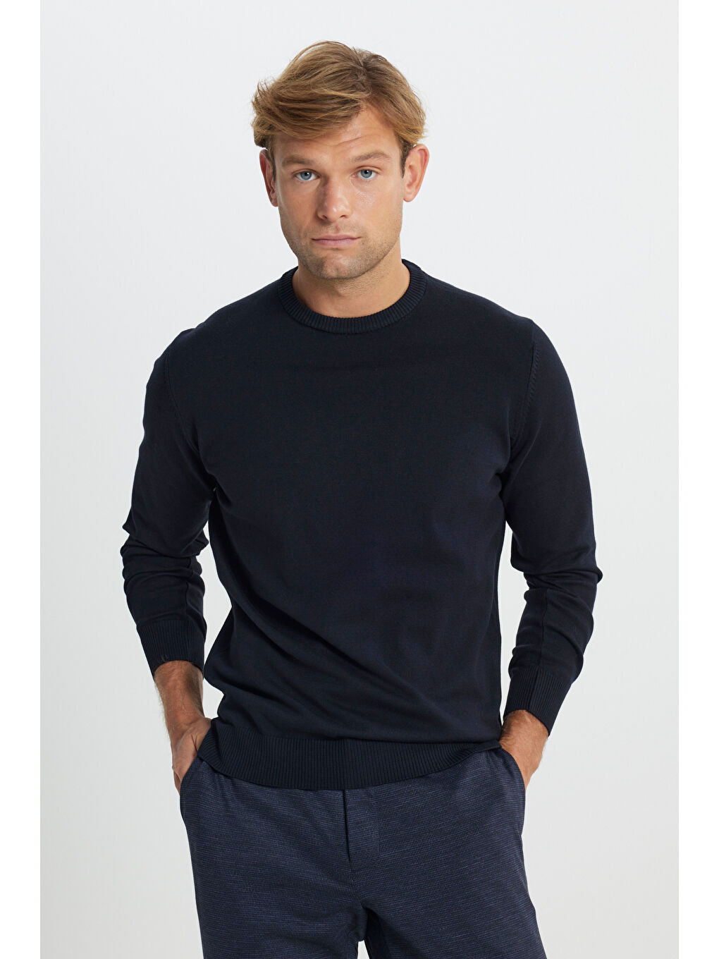 Erkek Lacivert Pamuklu Standart Fit Normal Kesim Bisiklet Yaka Triko Kazak-2