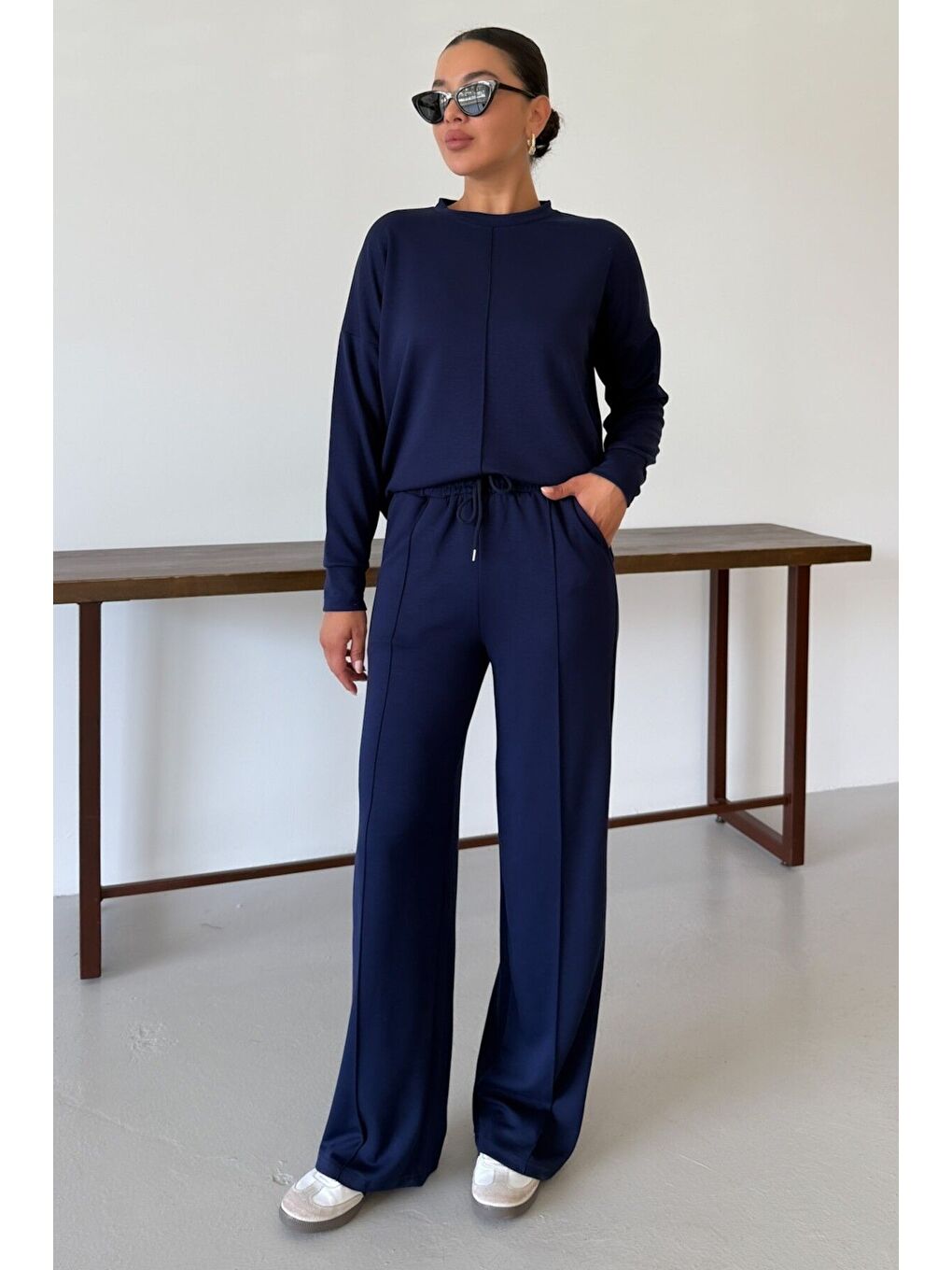 Kadın Lacivert Düz Biye Detay Bisiklet Yaka Modal Kumaş Alt-Üst Eşofman Takımı-2