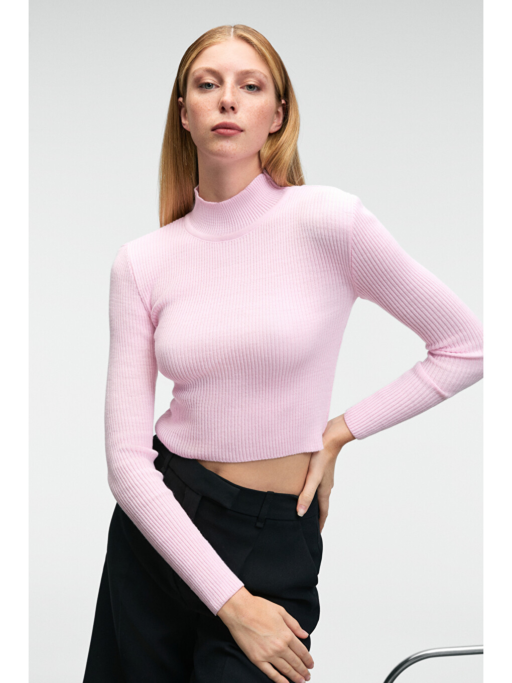 Calıda Kadın Dik Yaka Fitilli Görünümlü Slim Fit Triko Pembe Kazak-4