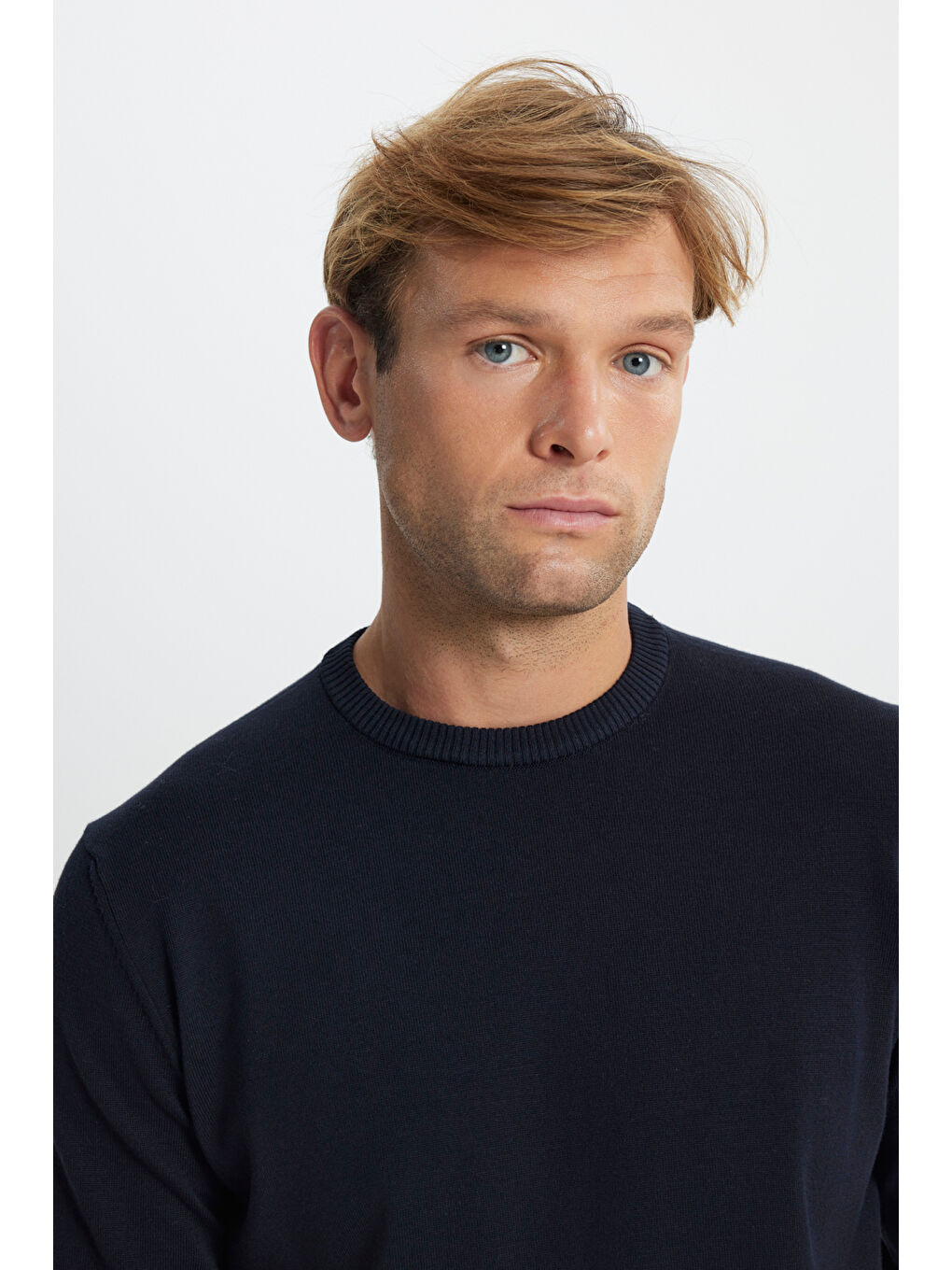 Erkek Lacivert Pamuklu Standart Fit Normal Kesim Bisiklet Yaka Triko Kazak-3