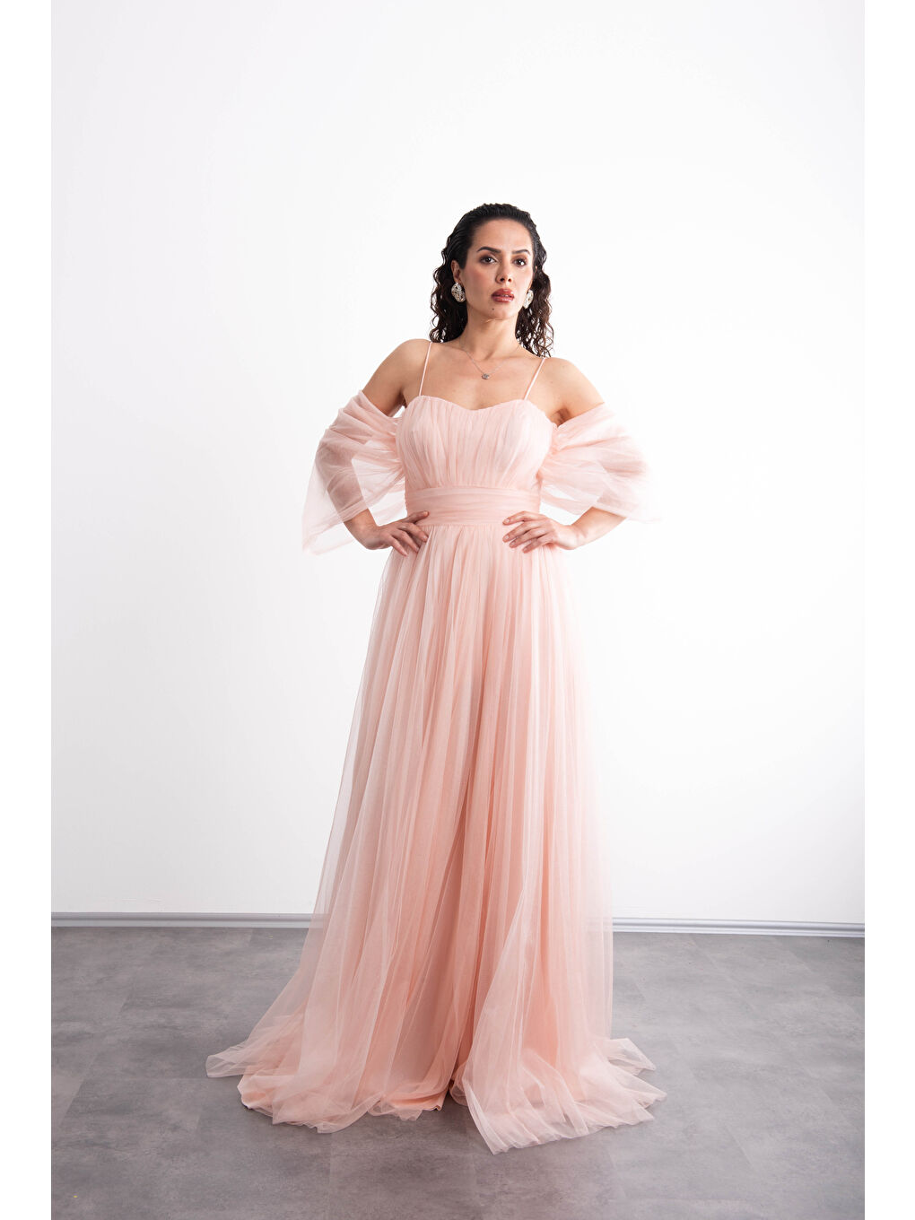 Pembe Spagetti Askılı,Romantik ,Önü Yırtmaçlı,Tüllü, Prenses Model Abiye-6
