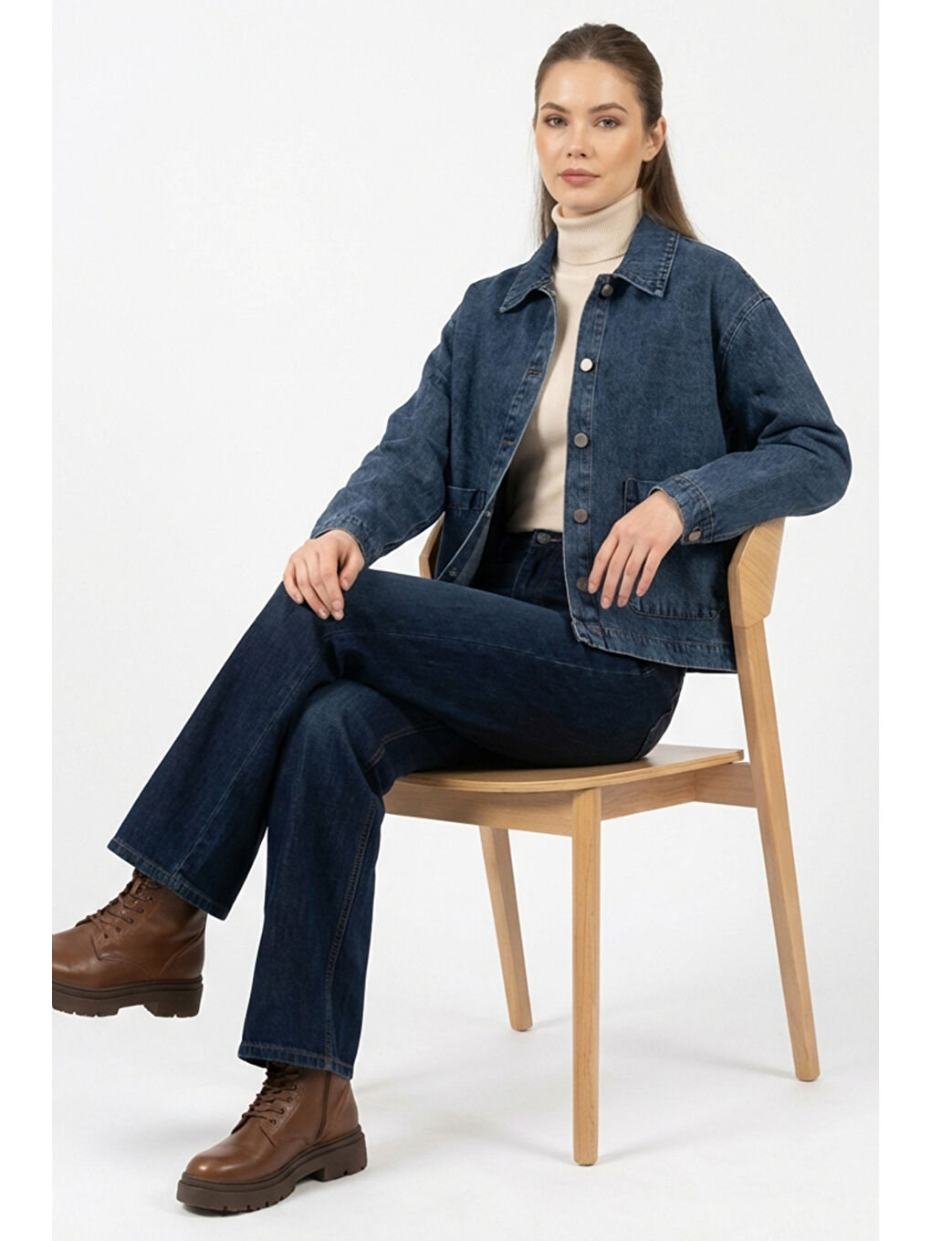 Kadın Çift Cepli Denim Ceket 0731 - Lacivert-3