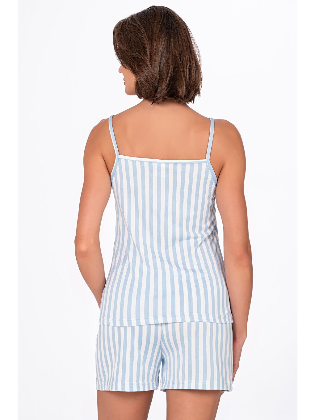 Kadın Mavi Çizgili İp Askılı Şortlu Pijama Takımı-2