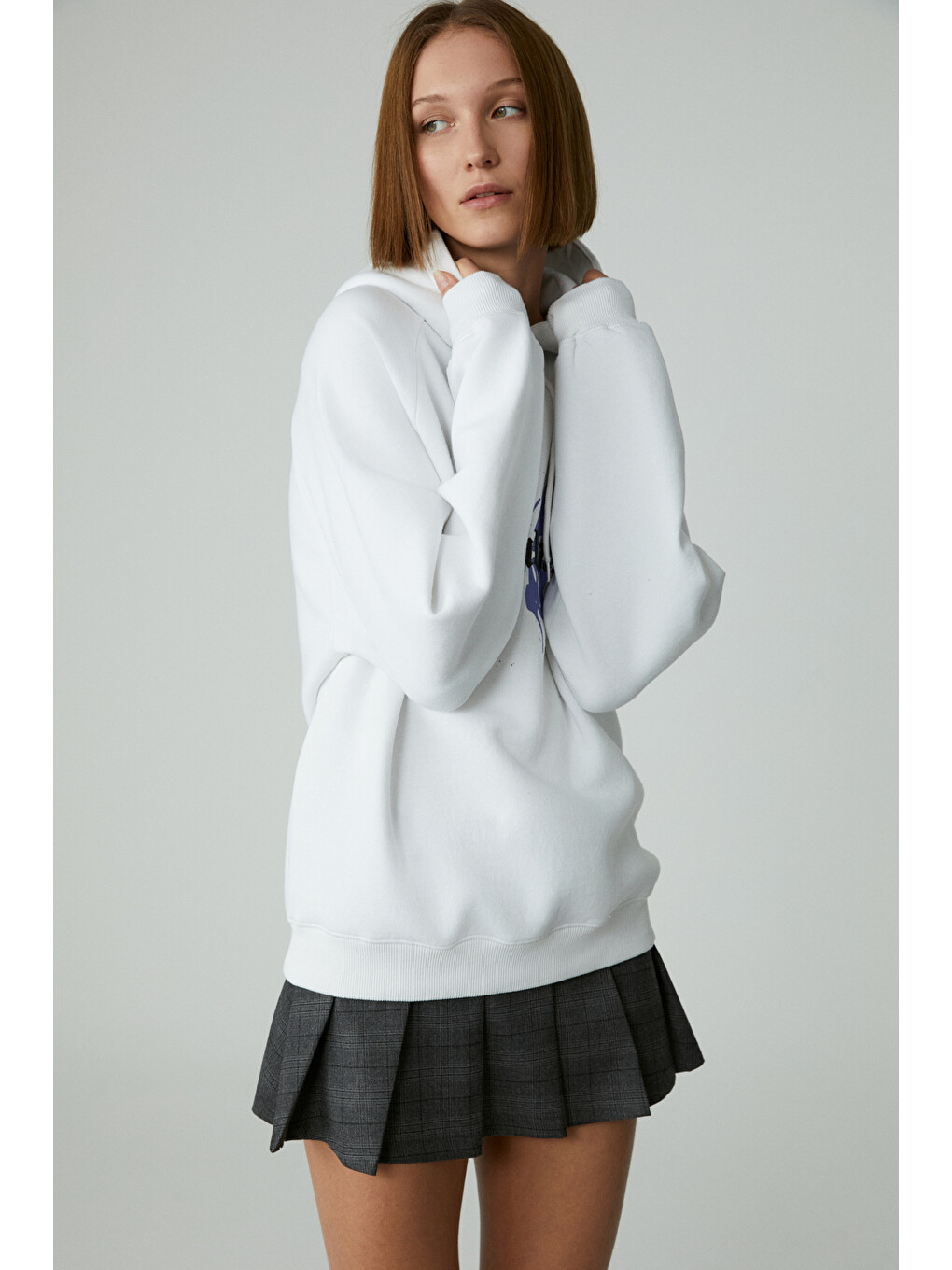 Lamarı Kadın Oversıze Şardonlu Kapüşonlu Beyaz Sweatshirt-3