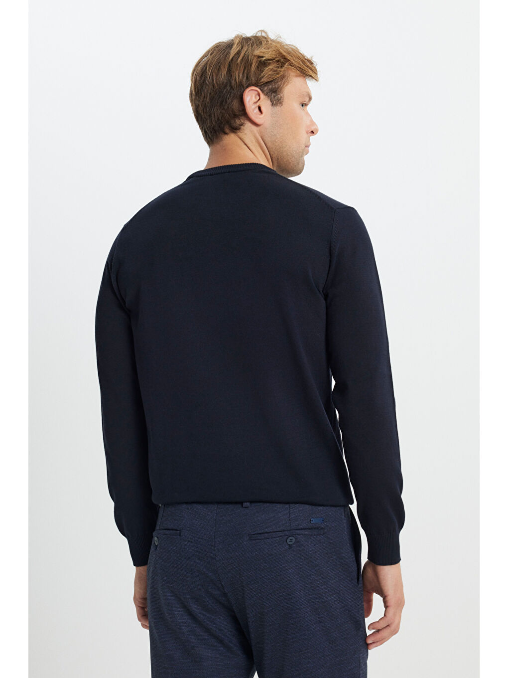 Erkek Lacivert Pamuklu Standart Fit Normal Kesim Bisiklet Yaka Triko Kazak-4