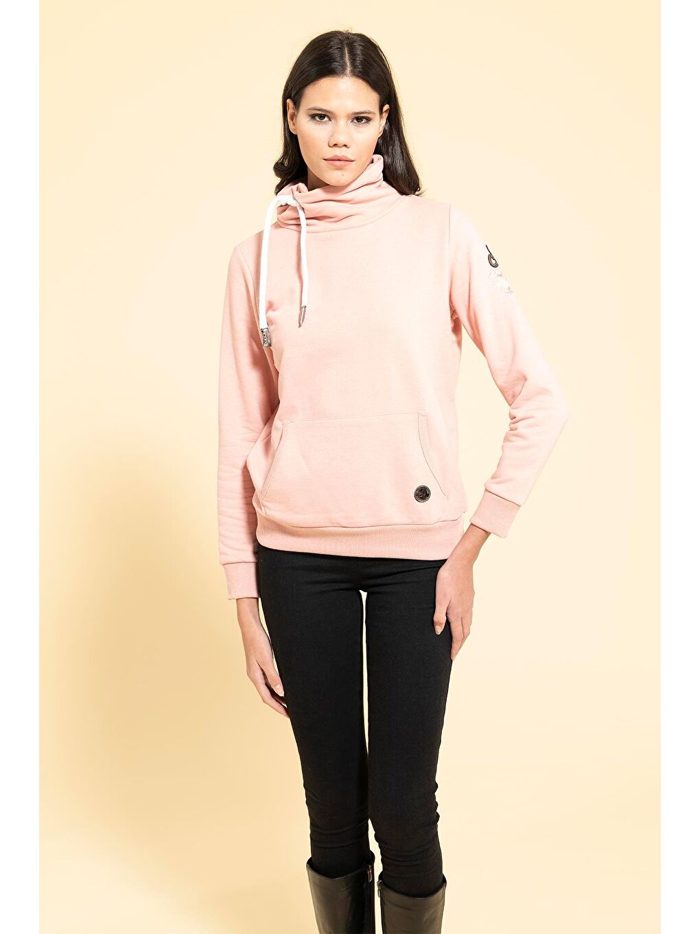 For You Moda Yaka Kordon Detaylı Kanguru Cep Pembe Sweatshirt - 1