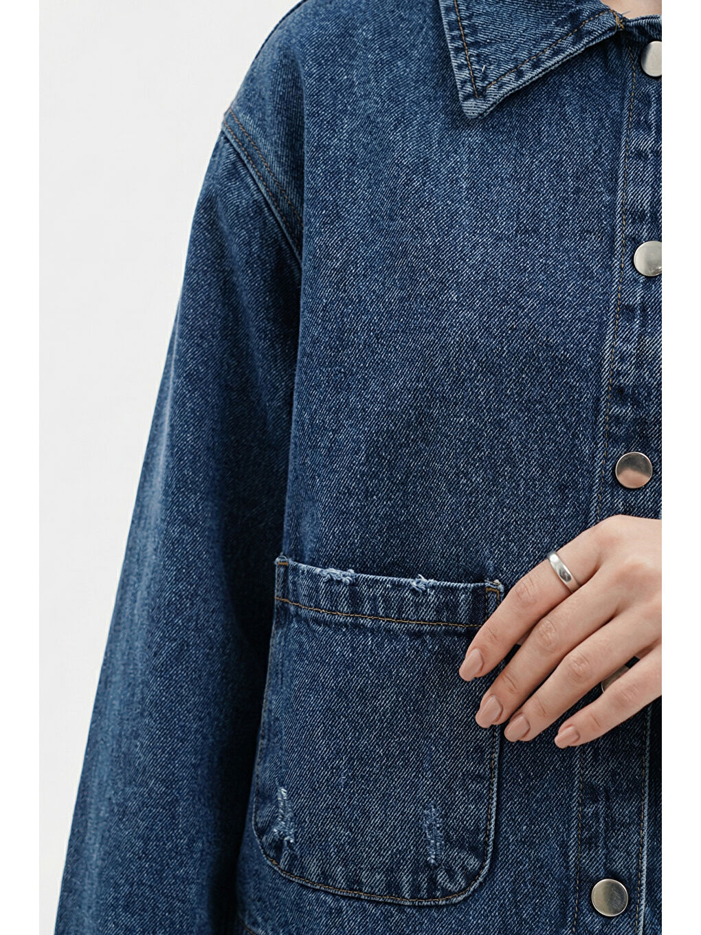 Kadın Çift Cepli Denim Ceket 0731 - Lacivert-4