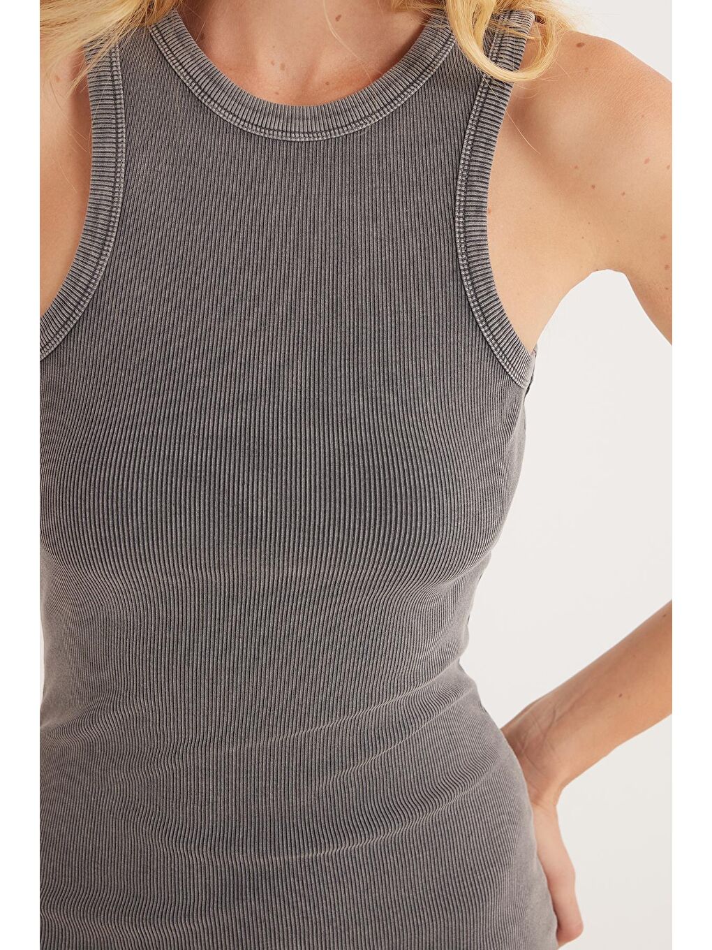 Kadın Slim Fit Dar Kesim Pamuklu Halter Yaka Gri Elbise-2